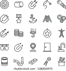 thin line vector icon set - winch hook vector, adjustable wrench, ladder, sewerage, ntrance door, gear, stationery knife, kitchen faucet, anchor, tin, power line, magnet, horseshoe, pipe, coins, cup
