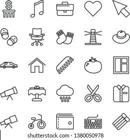 thin line vector icon set - scissors vector, briefcase, purse, keyboard, hat, comb, cloud, warm socks, child bicycle, shoes, window, home, heart, music, folded shirt, tomato, lighthouse, chair