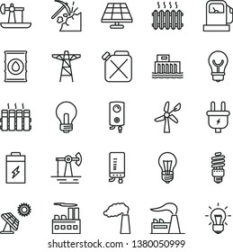 thin line vector icon set - incandescent lamp vector, radiator, boiler, electronic, bulb, charging battery, solar panel, big, oil derrick, working, coal mining, gas station, wind energy, manufacture