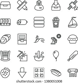 thin line vector icon set - downward direction vector, archive, cradle, mercury thermometer, balloon, writing accessories, put in a box, drawer, size, sausage, cake, sushi, japanese, cup of popcorn