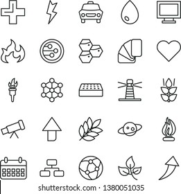 thin line vector icon set - monitor window vector, upward direction, plus, sample of colour, brick, lightning, heart, drop, car, flowchart, mint, honeycombs, leaves, lighthouse, calendar, network