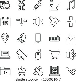 thin line vector icon set - laptop vector, add bookmark, plus, upload folder, abacus, comfortable toilet, putty knife, bell, calendar, music, smartphone, volume, no sound, put in cart, move down