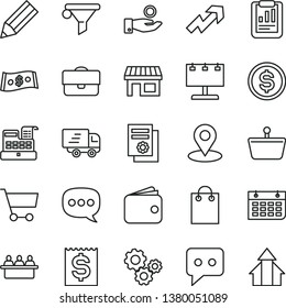 thin line vector icon set - growth up vector, stall, cart, shopping basket, court hearing, billboard with illumination, geolocation, portfolio, water filter, gears, statistical report, pencil, bag
