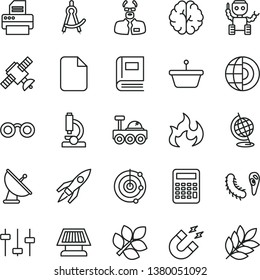 thin line vector icon set - pan vector, printer, file, microscope, glasses, brain, settings, satellite, bactery, book, globe, magnet, flame, scientist, calculator, drawing compass, radar, earth core