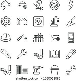 thin line vector icon set - safety pin vector, cogwheel, garden trolley, building, trowel, concrete mixer, cordless drill, bucket, siphon, sewerage, lay out of flat, power socket type b, city block