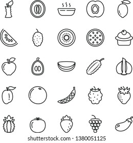 thin line vector icon set - muffin vector, hot porridge, half apricot, large grape, red apple, raspberry, strawberry, blackberry, mulberry, slice of water melon, loquat, ripe plum, lemon, kiwi, stub
