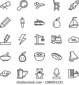 thin line vector icon set - lightning vector, bell, camera roll, a chair for feeding child, teddy bear, drawing, bowl of rice porridge, japanese sushi, kiwi, guava, half guawa, Construction crane