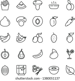 thin line vector icon set - mushroom vector, hot porridge, carrot, French fries, sushi set, a glass of tea, cocktail, apple, quince, plum, fig, mulberry, tasty cornels, melon, ripe, half cherry