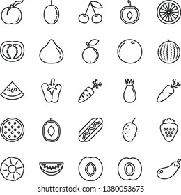 thin line vector icon set - Hot Dog vector, peper, carrot, strawberry, cherry, ripe peach, half apricot, plum, rose hip, fig, blueberry, tasty mulberry, water melon, delicious, slice, passion fruit