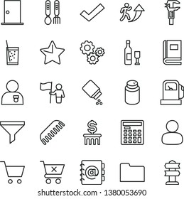 thin line vector icon set - check mark vector, powder, baby, comb, iron fork spoons, ntrance door, star, address book, crossed cart, a glass of soda, gas station, caliper, filter, man, gears, folder