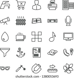 thin line vector icon set - building level vector, city block, tile, faucet mixer, microphone, drop, anchor, screen, crossed cart, coffee, production conveyor, horseshoe magnet, welding, filter