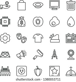 thin line vector icon set - monitor vector, calendar, paper bag, shoes for little children, new roller, power socket type b, pavement, dust bin, drop, T shirt, a plate of milk, fried egg, catch coin