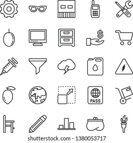 thin line vector icon set - truck lorry vector, monitor, graphite pencil, a chair for feeding, small tools, passport, storm cloud, nightstand, shipment, expand picture, passion fruit, lemon, planet