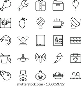 thin line vector icon set - repair key vector, prohibition, first aid kit, children's sand set, funny hairdo, balloon, brickwork, folder, coffee, folded shirt, a plate of fruit, chicken leg, mango