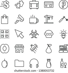 thin line vector icon set - dollar vector, question, Puzzle, crane, paint roller, spatula, headphones, case, size, cake, cup of tea, pear, rose hip, half peach, passion fruit, welding, kiosk, bag