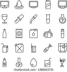 thin line vector icon set - measuring cup for feeding vector, e, packing of juice with a straw, drop, screen, glass soda, tea, can, liquor, round flask, oil, canister, bottle, monitor, test tube