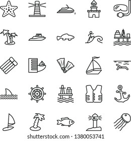 thin line vector icon set - anchor vector, small fish, sea port, commercial seaport, lighthouse, coastal, sand castle, sail boat, hotel, beach, palm tree, starfish, flippers, diving mask, surfing