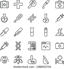thin line vector icon set - first aid kit vector, plus, electronic thermometer e, mercury, bag of a paramedic, medical, temperature, cardiogram, garlic, goji berry, round flask, research article