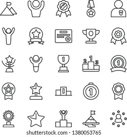 thin line vector icon set - star vector, pedestal, medal, winner, podium, prize, award, cup, reward, man hands up, with, motivation, mountain flag, first place, ribbon, certificate, stars around