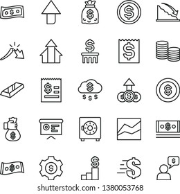 thin line vector icon set - upward direction vector, dollar, line chart, strongbox, coins, recession, a crisis, article on the, financial item, dollars, cash, report, growth arrows, gold bar, rain