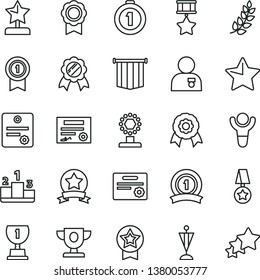 thin line vector icon set - star vector, pedestal, medal, patente, winner, laurel branch, prize, award, cup, reward, man with, pennant, first place, ribbon, hero, certificate, flag, three stars