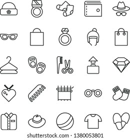 thin line vector icon set - paper bag vector, purse, hat, with glasses, bath ball, accessories for a hairstyle, comb, warm socks, Knitted, shoes little children, winter, T shirt, folded, hanger