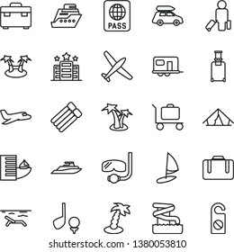 thin line vector icon set - suitcase vector, passport, plane, car baggage, camper, passenger, rolling, hotel, tent, beach, palm tree, aquapark, diving mask, golf, cruiser, hammok, yacht, windsurfing