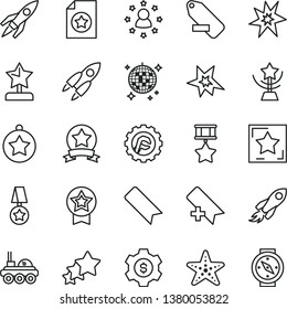 thin line vector icon set - add bookmark vector, remove label, star gear, space rocket, lunar rover, bang, cup, reward, medal, hero, ribbon, certificate, dollar, stars around man, three, disco ball