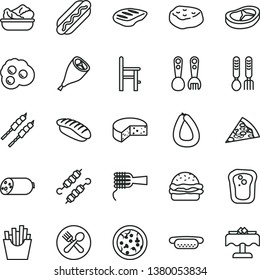 thin line vector icon set - a chair for feeding vector, plastic fork spoons, iron, sausage, stick of, cheese, pizza, piece, Hot Dog, mini, burger, noodles, lettuce in plate, grill chicken leg, bacon