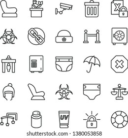 thin line vector icon set - mark of injury vector, spectacles, scales, toys over the cot, diaper, nappy, powder, Baby chair, car child seat, winter hat, warm, dust bin, umbrella, strongbox, uv cream