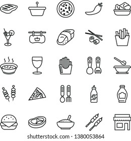 thin line vector icon set - plates and spoons vector, plastic fork, iron, fried vegetables on sticks, pizza, piece of, big burger, a bowl rice porridge, in saucepan, lettuce plate, bacon, chop, pan