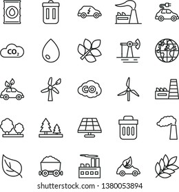 thin line vector icon set - drop vector, solar panel, working oil derrick, leaf, windmill, wind energy, manufacture, factory, trees, forest, industrial building, thermal power plant, eco car, CO2