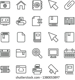 thin line vector icon set - monitor window vector, add bookmark, zoom, folder, book, e, books, home, notebook, address, delete page, clip, calendar, wall, printer, browser, coding, cursor, file