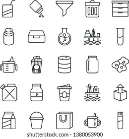 thin line vector icon set - storage unit vector, mug for feeding, measuring cup, powder, baby, e, bucket, dust bin, drawer, bag with handles, package, unpacking, popcorn, of, coffe to go, jar jam