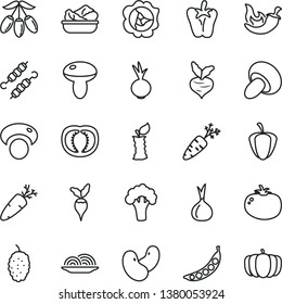thin line vector icon set - onion vector, mushroom, porcini, lettuce in a plate, meat on skewers, tomato, chili, peper, beet, carrot, squash, mulberry, goji berry, apple stub, half, ripe pepper