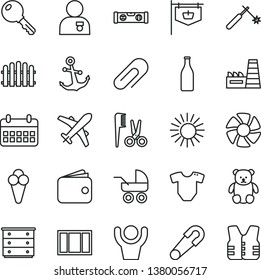 thin line vector icon set - clip vector, chest of drawers, t short, baby carriage, safety pin, accessories for a hairstyle, small teddy bear, window frame, building level, hedge, key, anchor, cone