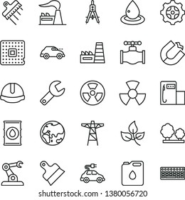 thin line vector icon set - repair key vector, construction helmet, putty knife, spatula, leaves, modern gas station, valve, planet, factory, oil, power pole, trees, thermal plant, gear, canister of