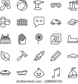 thin line vector icon set - baby rattle vector, bath ball, potty chair, funny hairdo, drill, fence, hammer with claw, picture, music, pie, lollipop, fried potato slices, small fish, honeycombs, leaf