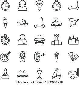 thin line vector icon set - stopwatch vector, motor vehicle present, Kick scooter, child, timer, car, pedestal, racer, flame torch, winner, podium, pawn, man with medal, pennant, target, purpose