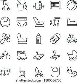 thin line vector icon set - baby cot vector, toys over the cradle, mug for feeding, bottle, nappy, bib, rattle, chair, car child seat, stroller, summer, sitting, bath ball, motor vehicle present
