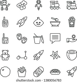 thin line vector icon set - image of thought vector, tumbler, toy phone, mobile, children's sand set, deep plate with a spoon, small teddy bear, funny hairdo, baby train, Kick scooter, apple pie