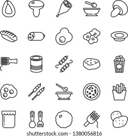 thin line vector icon set - deep plate with a spoon vector, plates and spoons, plastic fork, sausage, stick of, tin, pizza, spaghetti, noodles, mushroom, porcini, milk, grill chicken leg, barbecue