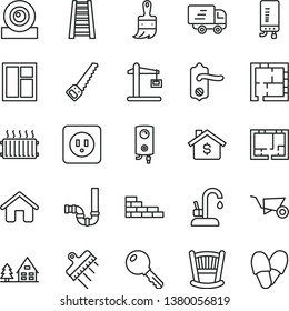thin line vector icon set - cradle vector, house, brick wall, building trolley, window, arm saw, wooden paint brush, stepladder, siphon, laying out, lay of flat, power socket type b, door knob, key