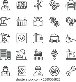 thin line vector icon set - builder vector, workman, hook, concrete mixer, cordless drill, power socket type b, buildings, star gear, core, sea port, wind energy, valve, factory, oil, battery, gears