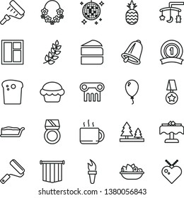 thin line vector icon set - toys over the cradle vector, balloon, window, new roller, paint, bell, Easter cake, piece of, slice, a plate fruit, cup tea, pineapple, forest, flame torch, laurel branch