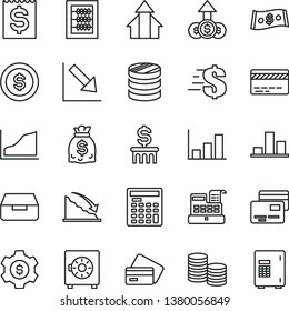 thin line vector icon set - bank card vector, dollar, negative chart, new abacus, drawer, strongbox, cards, coins, column of, recession, financial item, dollars, engineer calculator, cash machine
