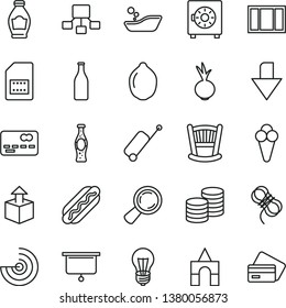 thin line vector icon set - downward direction vector, cradle, children's bathroom, box of bricks, window frame, hawser, strongbox, coins, unpacking, Hot Dog, beet, bottle soda, cone, lime, bulb