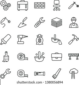thin line vector icon set - builder vector, brickwork, trowel, cordless drill, arm saw, measuring tape, long meashuring, wooden paint brush, construction level, road fence, hammer with claw, case