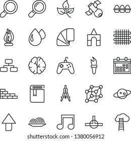 thin line vector icon set - calendar vector, upward direction, book, box of bricks, brick wall, sample colour, flowchart, bundle eggs, onion, leaves, weaving, drop, Measuring compasses, connect