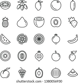 thin line vector icon set - orange slice vector, ripe peach, half apricot, grape, large, quince, fig, medlar, of, water melon, mango, goji berry, delicious plum, date fruit, tasty, banana, kiwi